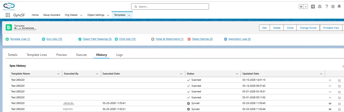 iSyncSF Sync History tab showing past execution list with status, record counts, and rollback actions